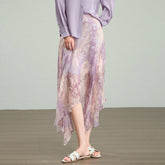 Womens Lavender Floral Silk Maxi Skirt Asymmetric Hem
